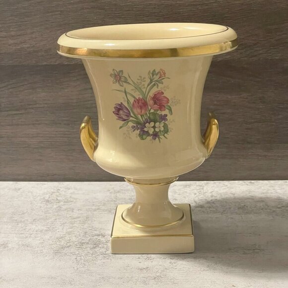 Vintage Trenton Potteries Cream Spring Floral Neoclassic Urn Vase Ceramic 8.25" - Picture 1 of 11
